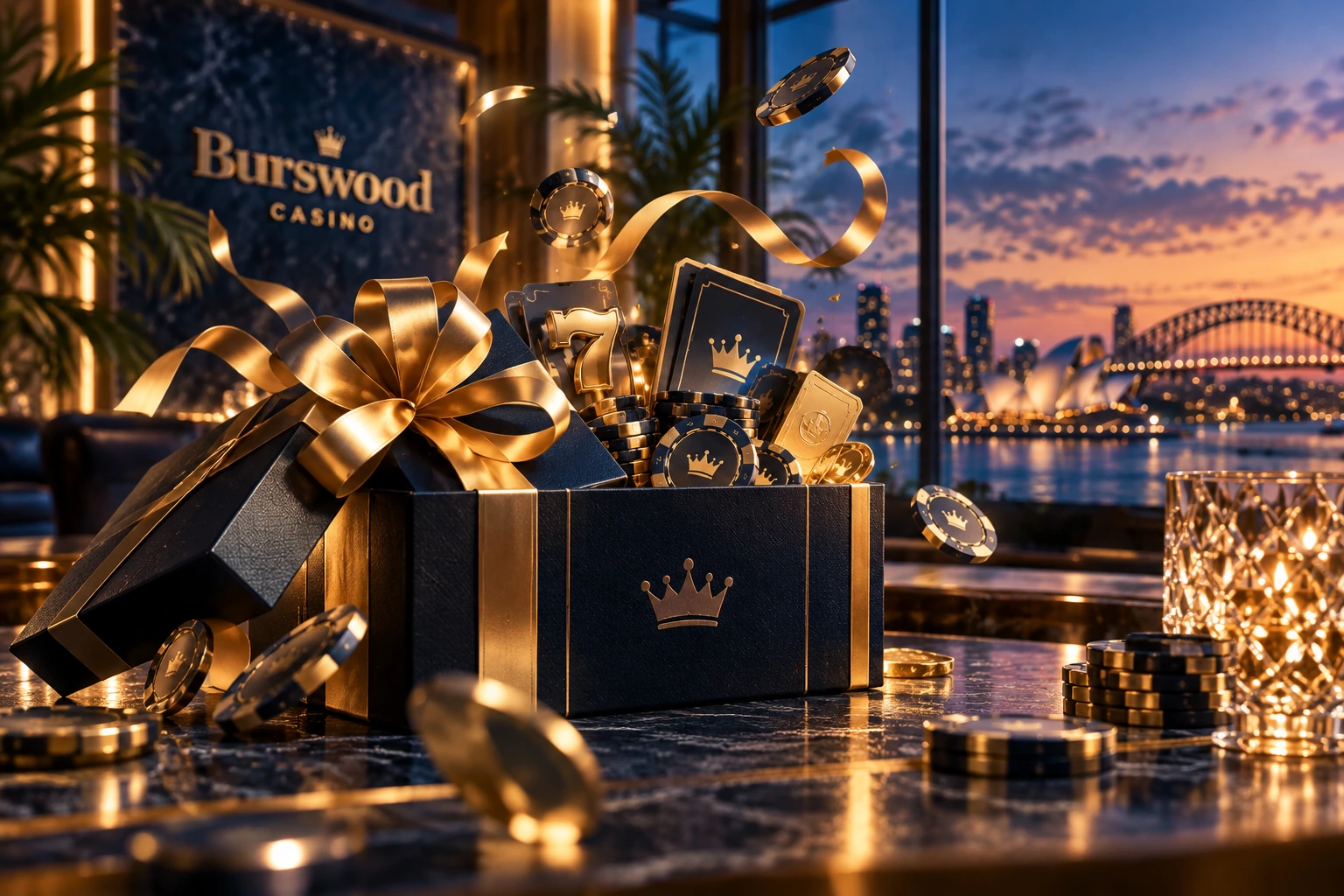 Burswood Casino bonus gift with gold chips and premium casino details
